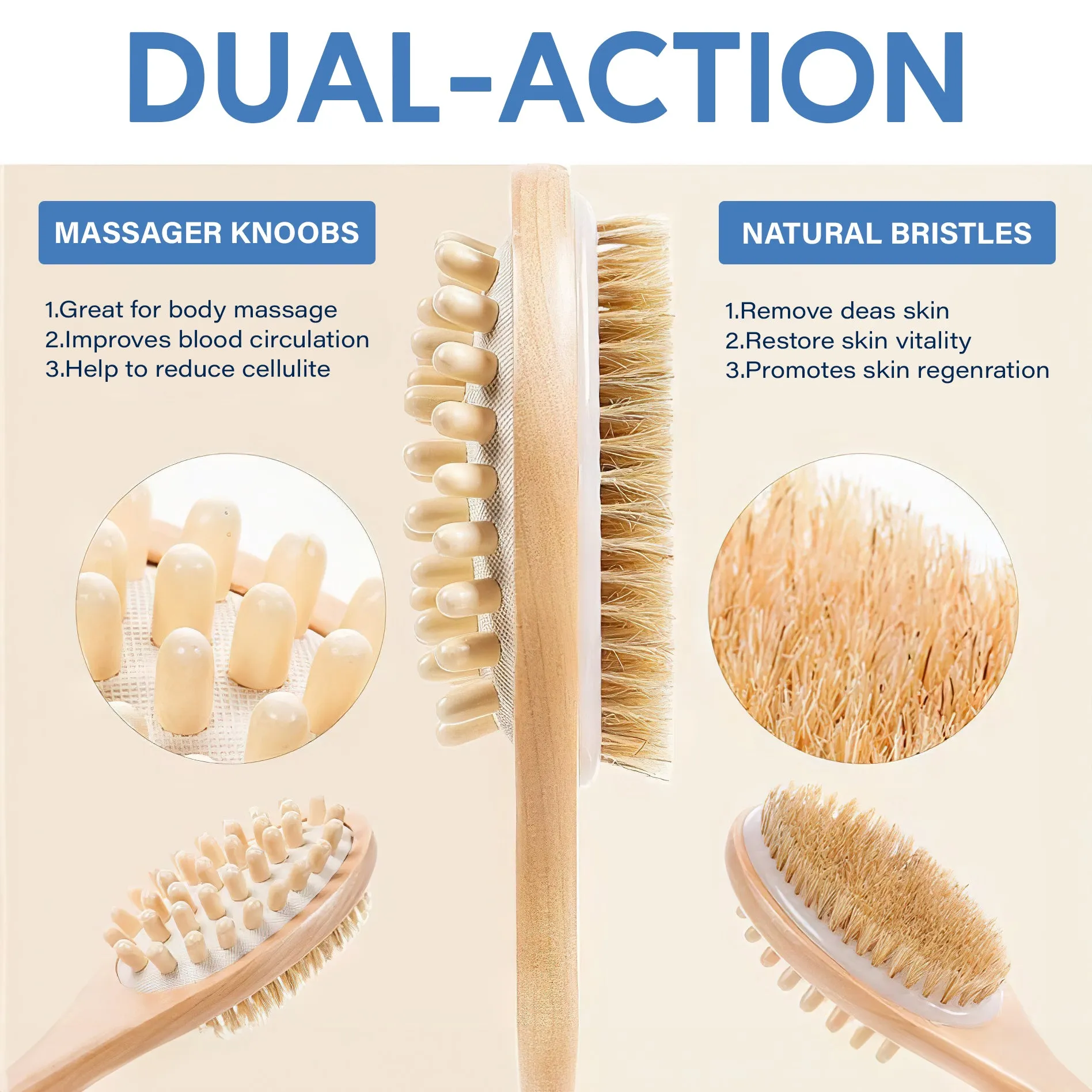 Careberry's Dual-Action Bamboo Body Brush | Exfoliating Wet & Dry Bath Brush | Removes Dead Skin | Body Back Massager Wooden Brush