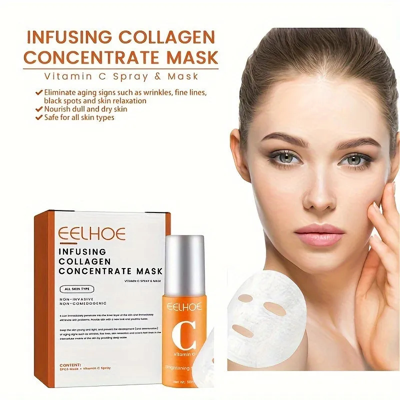 Collagen Water Soluble Firming Face Mask & Spray Set, Contains Hyaluronic Acid, Vitamin C, Moisturizing Lifting And Firming Skin Care (Soluble Collagen Film 5pcs   Spray 1.69oz)