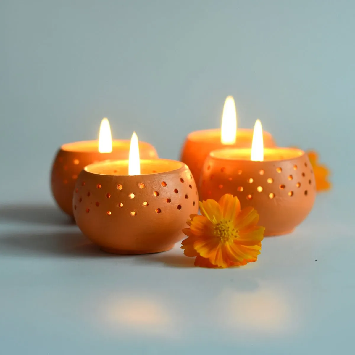 Dome Orange Handmade Candle Holders- Set of 4 with Free 4 Soywax Candles