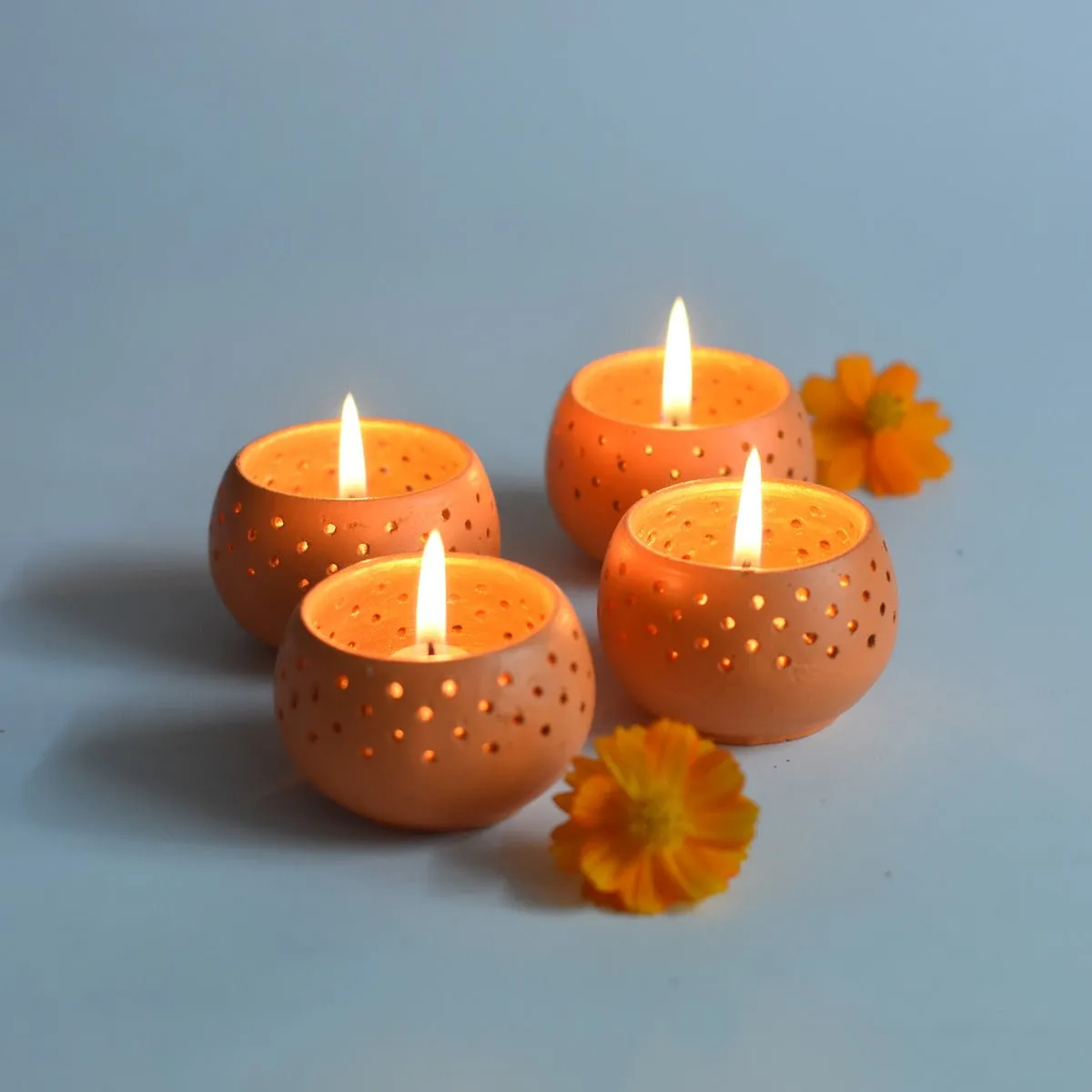 Dome Orange Handmade Candle Holders- Set of 4 with Free 4 Soywax Candles