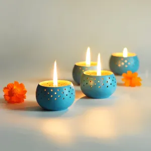 Dome Sky Blue Handmade Candle Holders- Set of 4 with Free 4 Soywax Candles