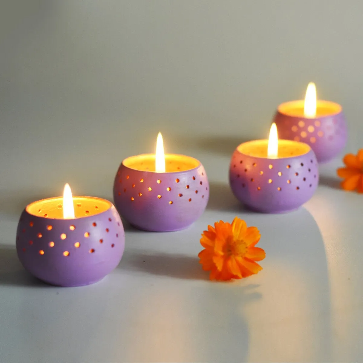 Dome Soft Purple Handmade Candle Holder- Set of 4 with Free 4 Soywax Candles