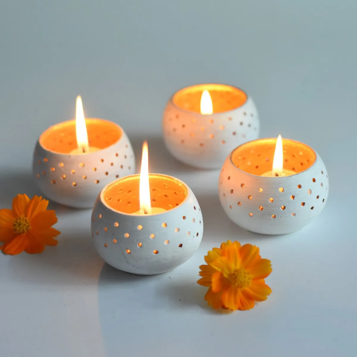 Dome White Handmade Candle Holders- Set of 4 with Free 4 Soywax Candles