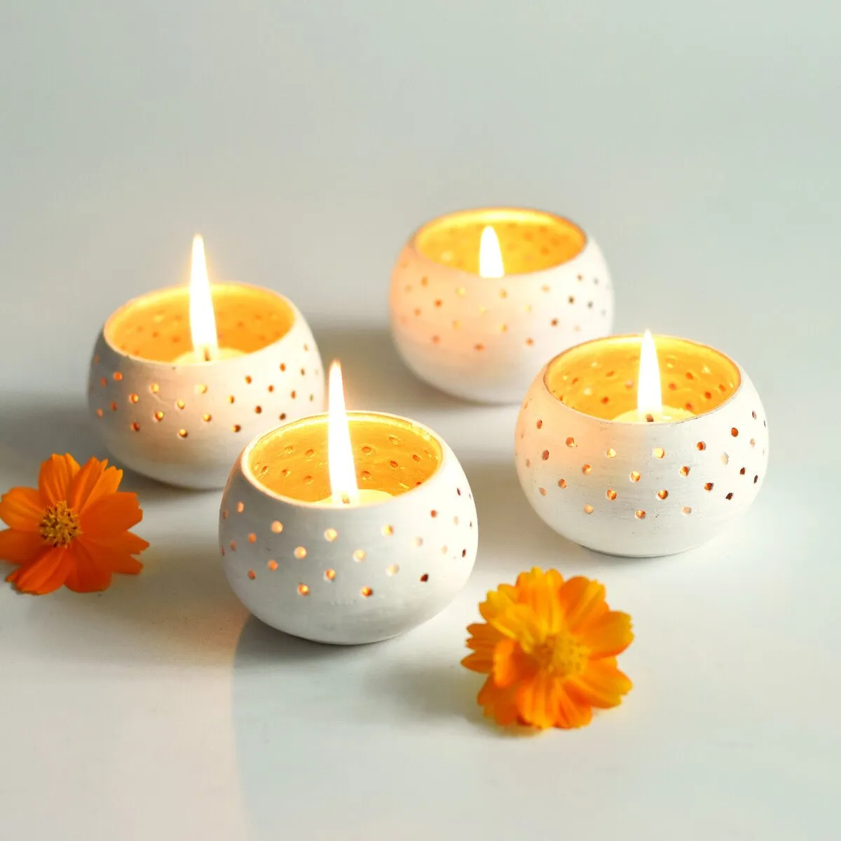 Dome White Handmade Candle Holders- Set of 4 with Free 4 Soywax Candles