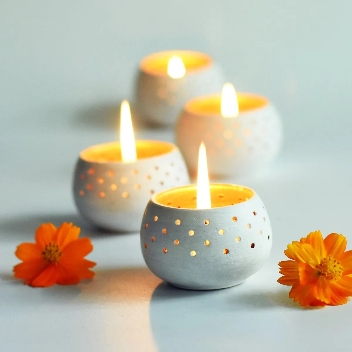 Dome White Handmade Candle Holders- Set of 4 with Free 4 Soywax Candles