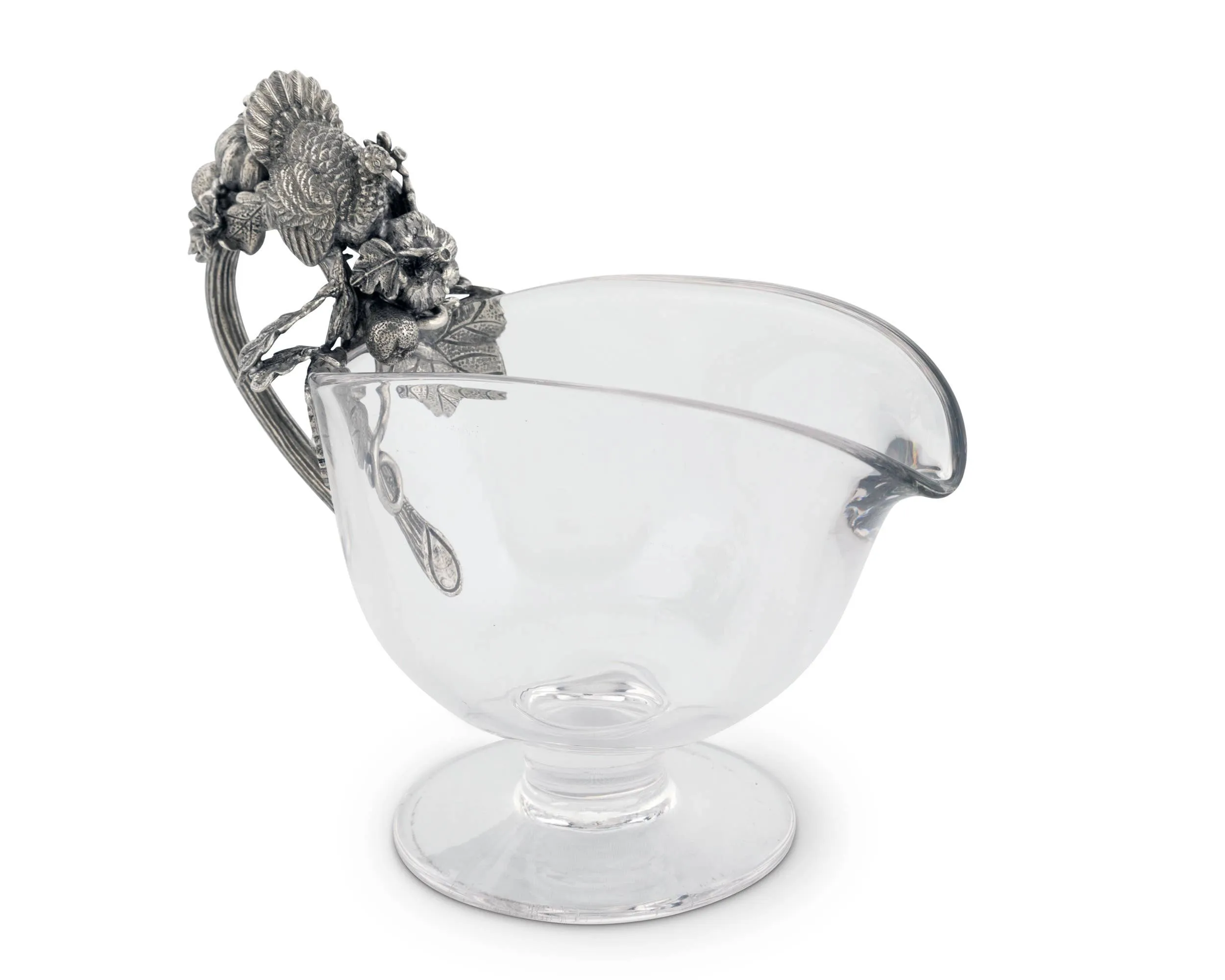 Hand Blown Glass Gravy Boat with Pewter Harvest Turkey