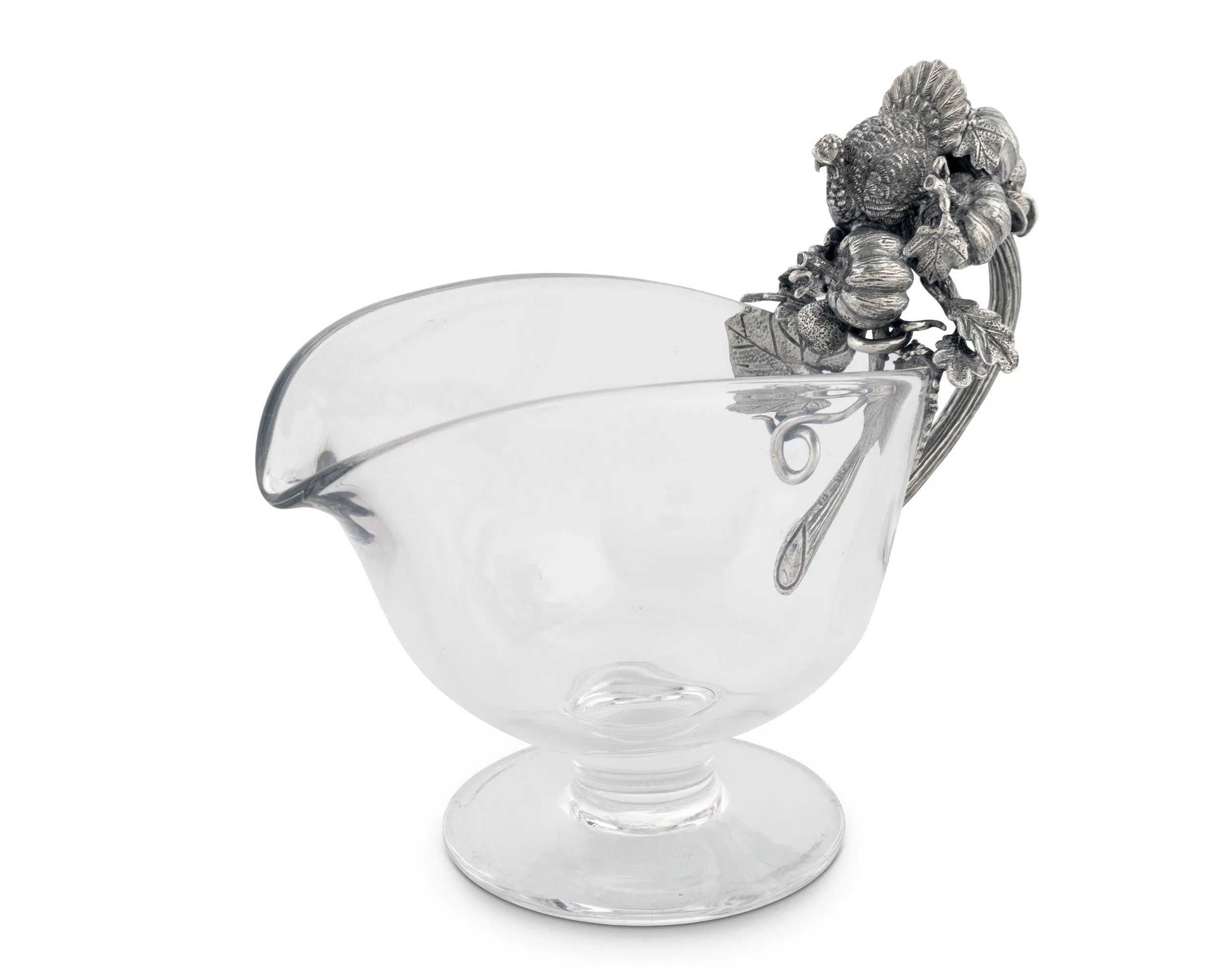 Hand Blown Glass Gravy Boat with Pewter Harvest Turkey