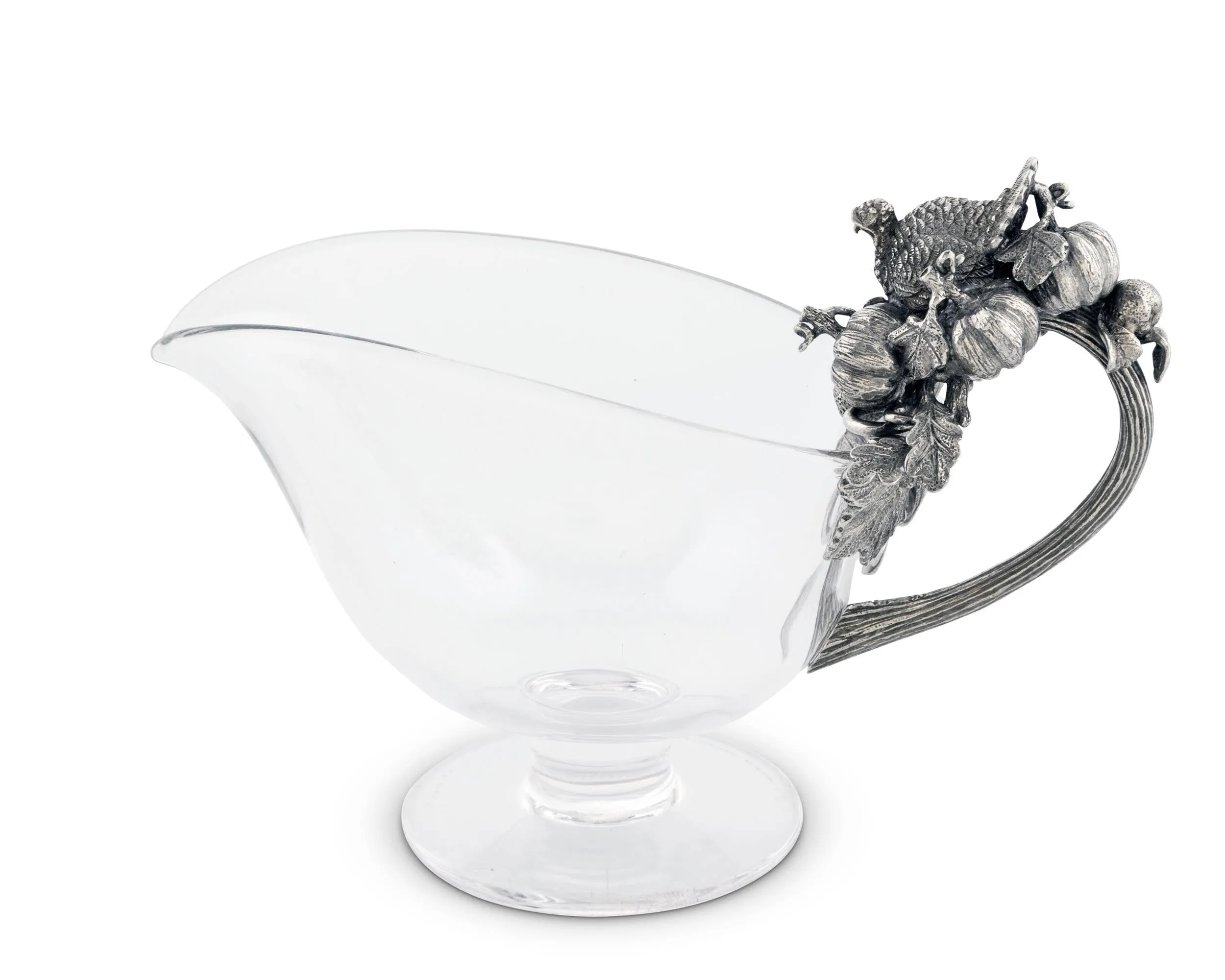 Hand Blown Glass Gravy Boat with Pewter Harvest Turkey