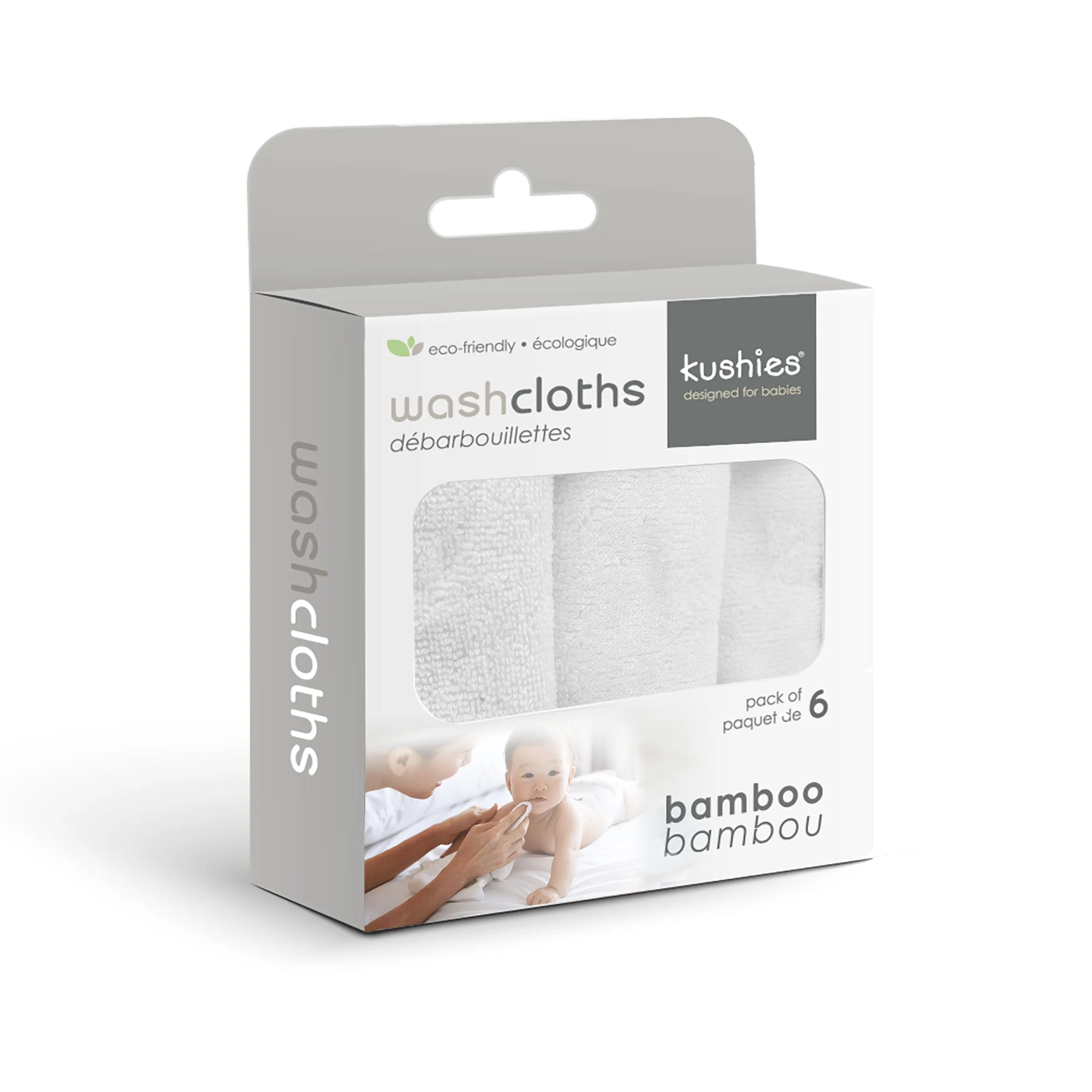 Kushies Bamboo Cotton Wash Cloths/Towels for sensitive skin, 6 Pack, White