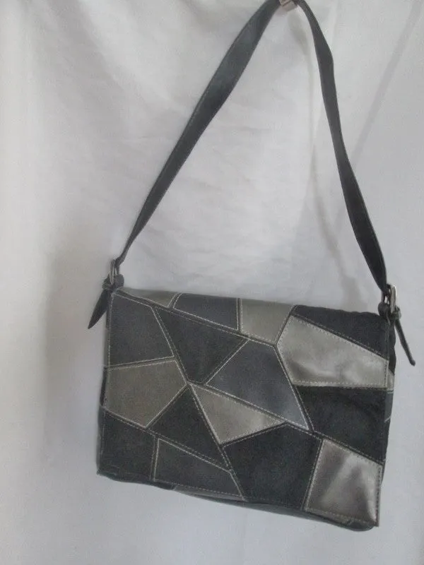 PATCHWORK Vegan Synthetic Handbag Shoulder Bag Satchel Hippie BLACK GRAY PEWTER