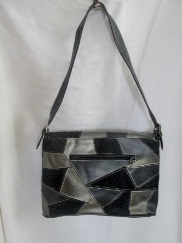 PATCHWORK Vegan Synthetic Handbag Shoulder Bag Satchel Hippie BLACK GRAY PEWTER