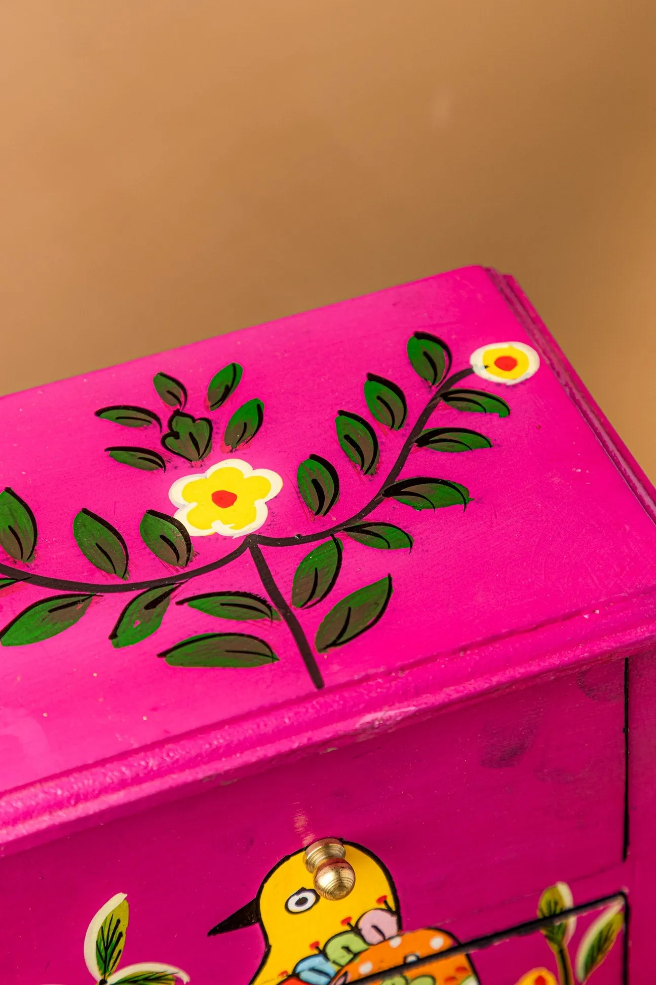 Pink Bird Hand Painted Wooden Chest with 3 Drawers