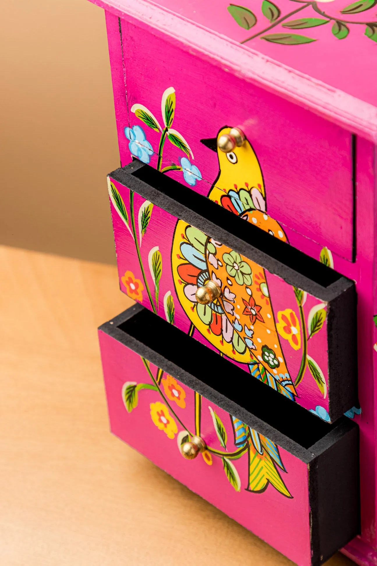 Pink Bird Hand Painted Wooden Chest with 3 Drawers