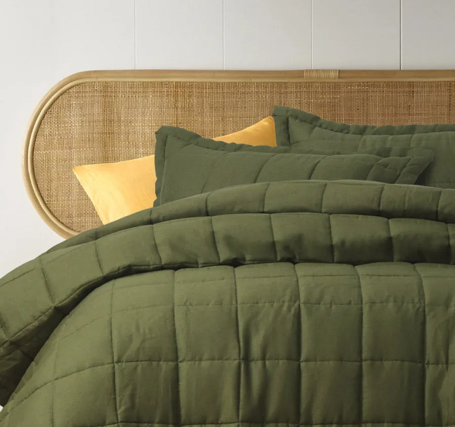 Stonewashed French Linen Coverlet Set Range Olive