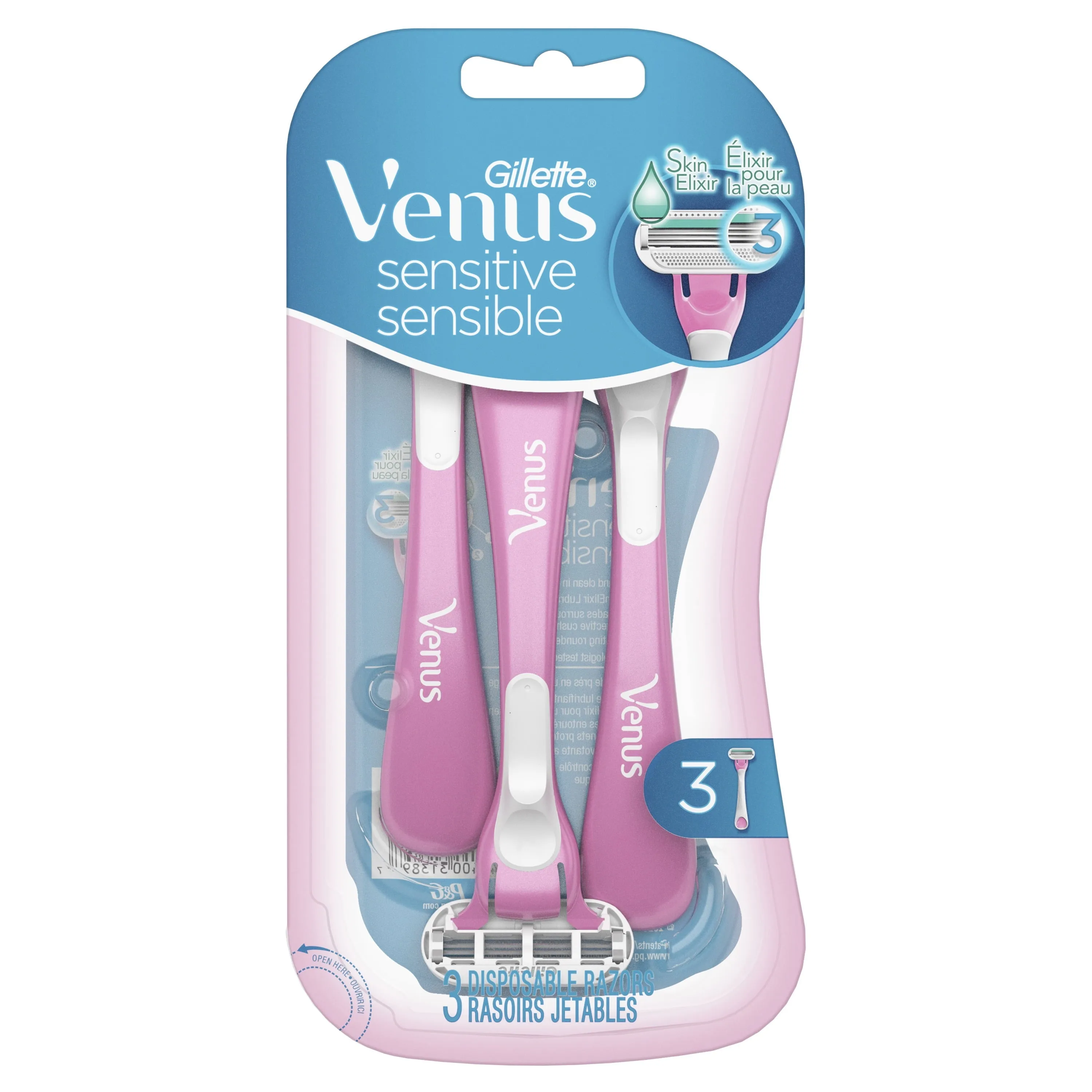 Venus Gillette Sensitive Women's Disposable Razor, 3 Count, Pink